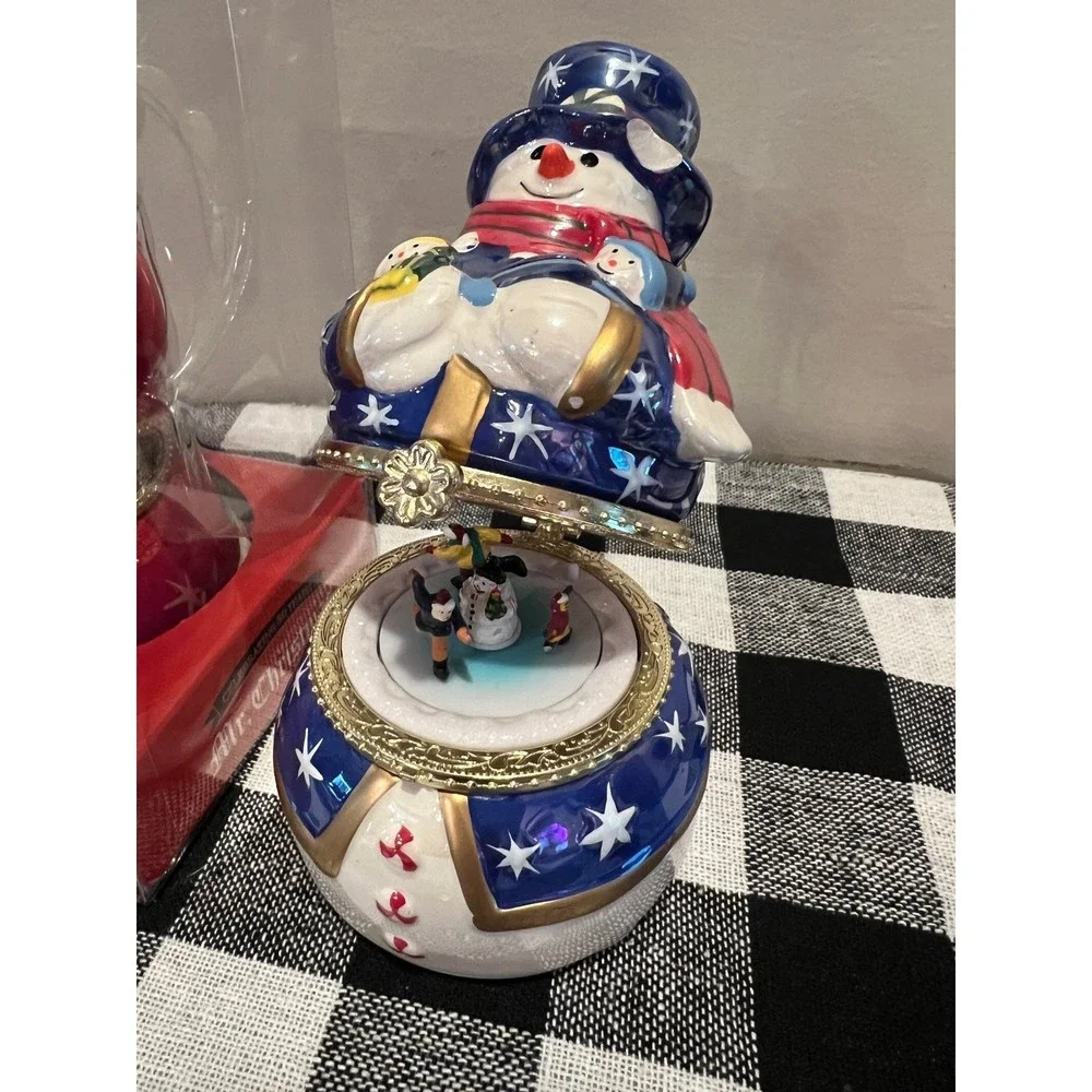 Mr Christmas Porcelain Snowman AND Santa Music Box Animated Carousel